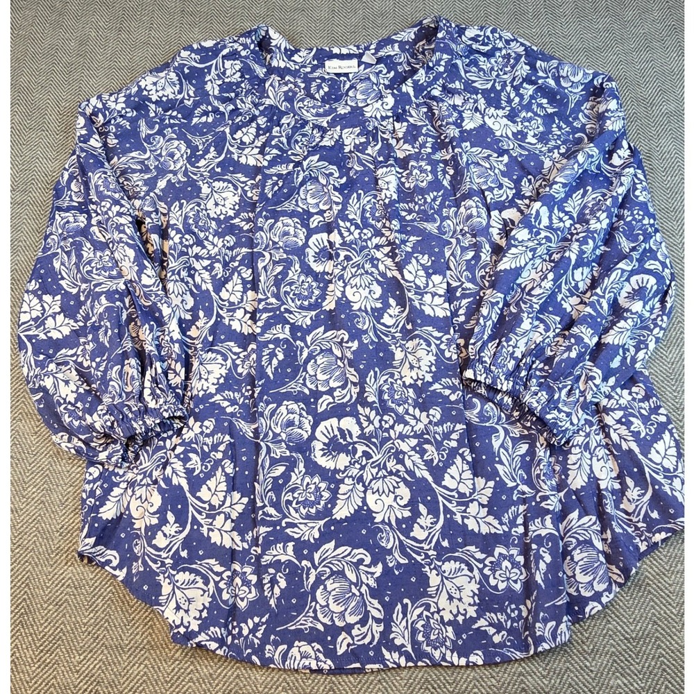 Kim Rogers Blue White Floral Damask Balloon Sleeve Peasant Blouse XL